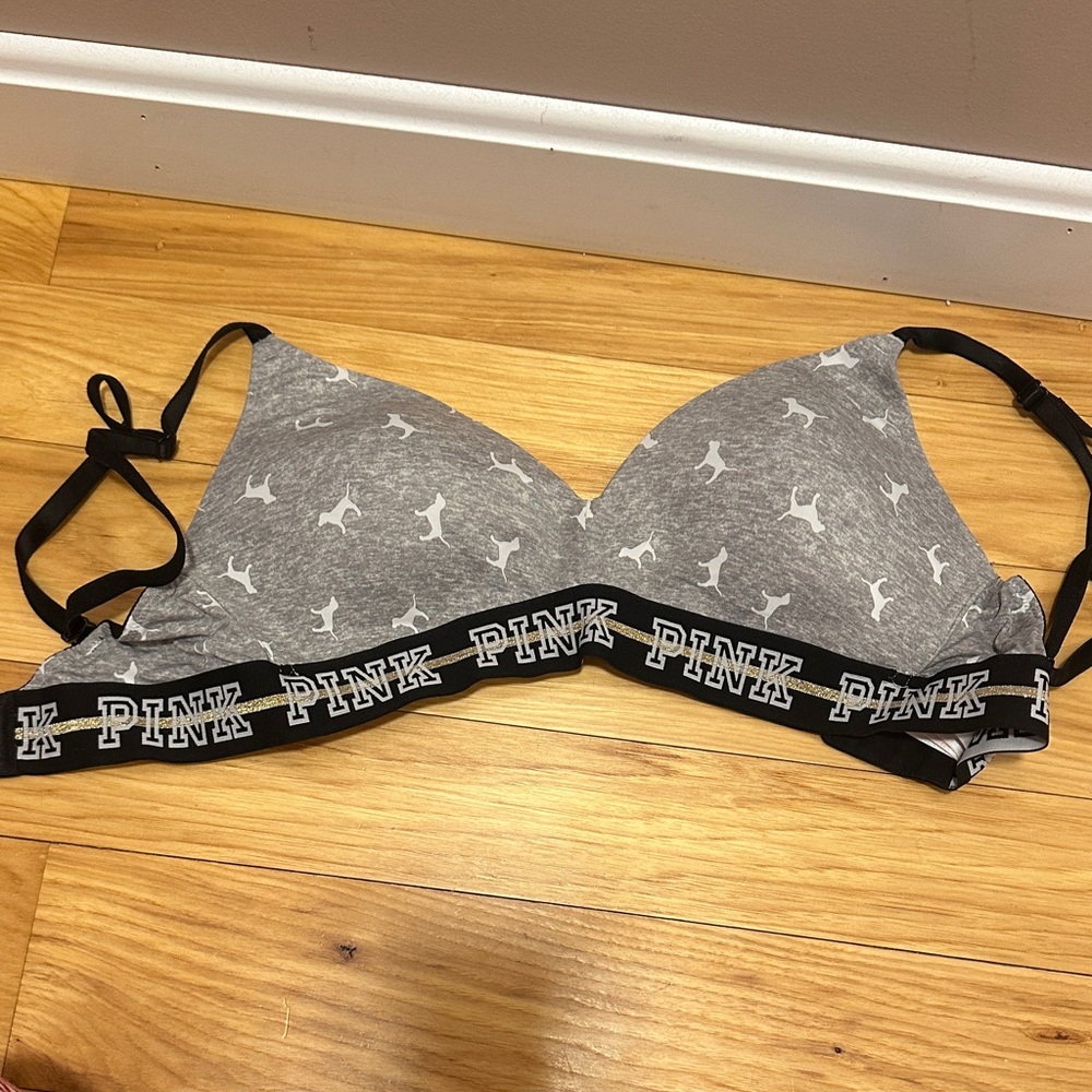 PINK Victoria's Secret Gray and Black Logo Bra